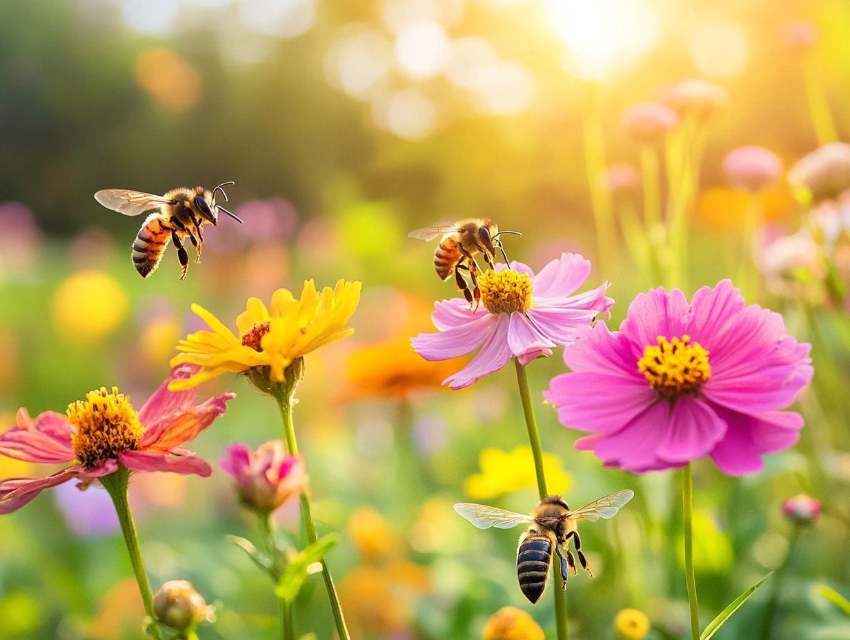 A bee collecting pollen and nectar from flowers.