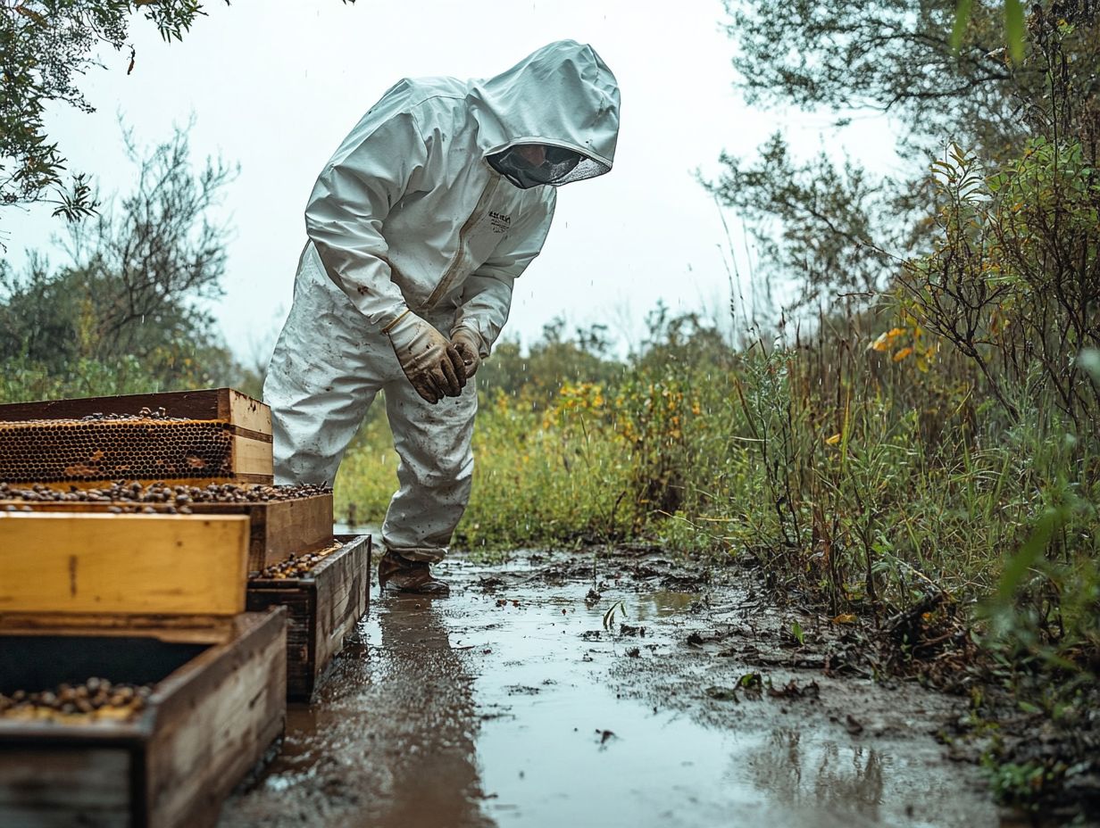 Beekeeper inspecting hives for rainy day preparation