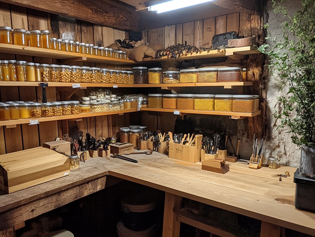 A clean and organized indoor storage solution for beekeeping tools.