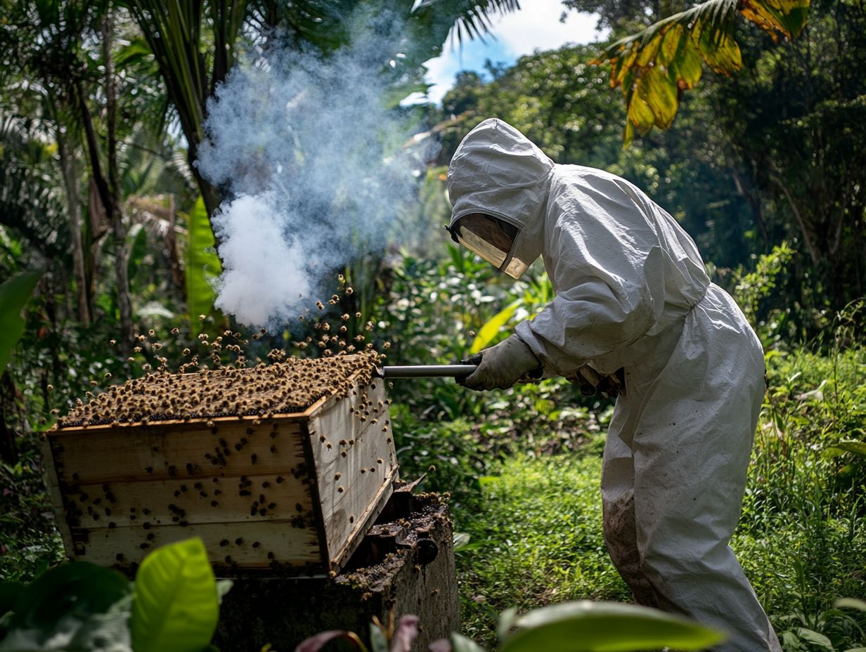 A beekeeper demonstrating how to use a smoker for hive management.