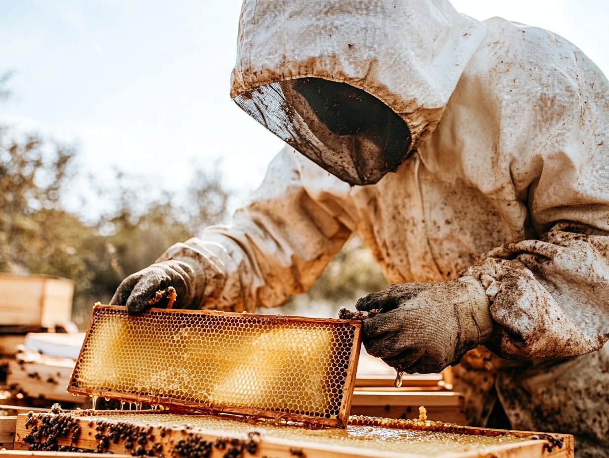 A beekeeper filtering honey to ensure quality