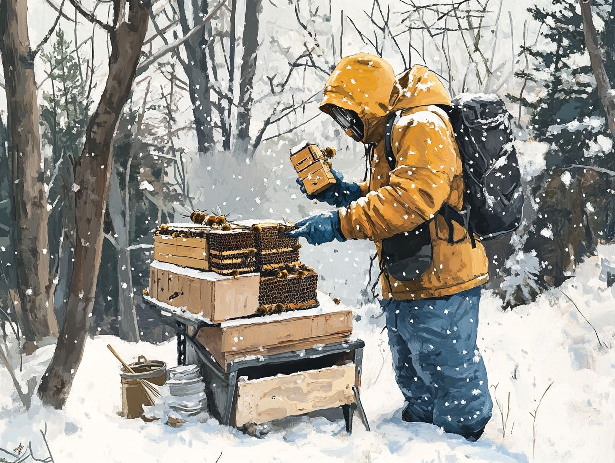 A beekeeper monitoring hives during winter