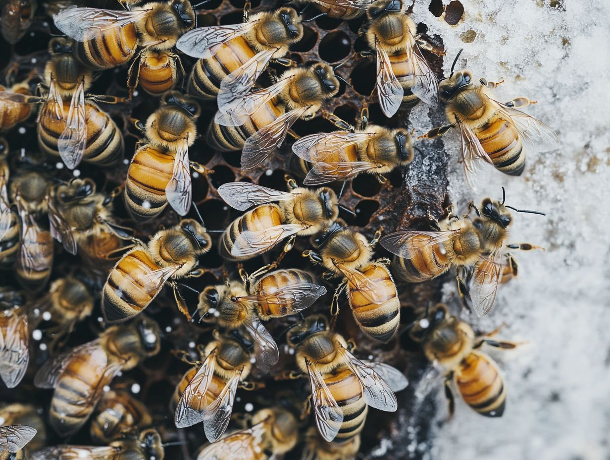 A cluster of honeybees huddling together for warmth during winter