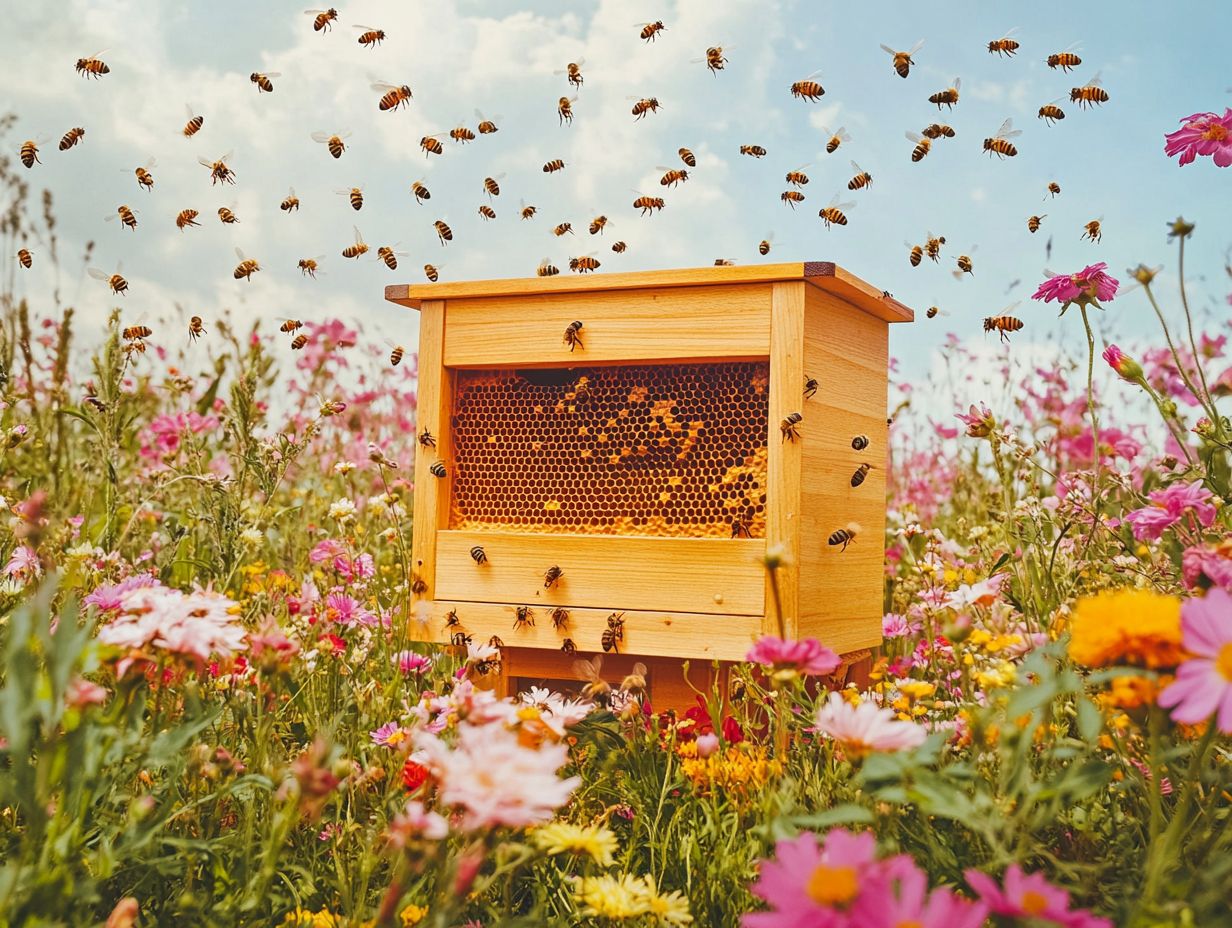 A beehive during honey flow, showcasing bee activity and hive management challenges.