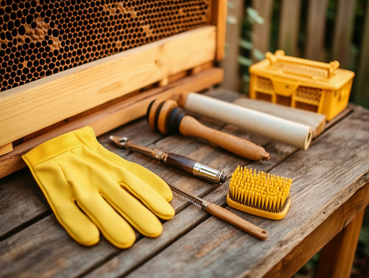 Illustration of a hive tool scraper with beekeeping equipment.