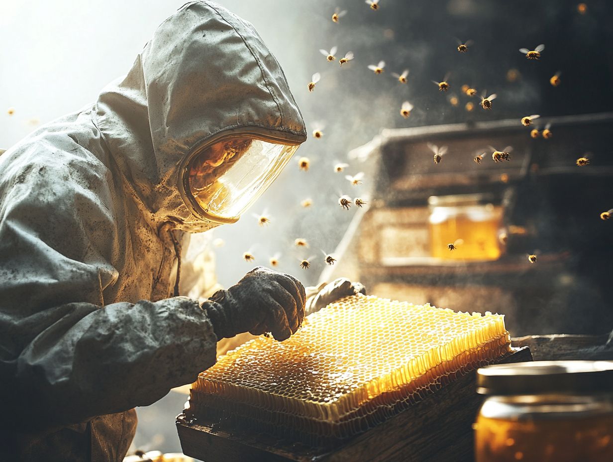 A beekeeper using a smoker to calm bees during honey harvesting.