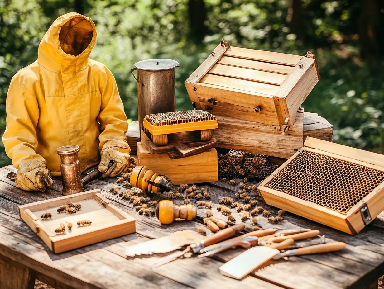 Top 5 essential beekeeping equipment for beginners displayed.