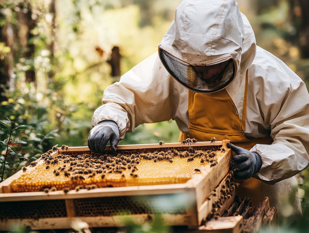 Beekeeper demonstrating proper honey harvesting techniques