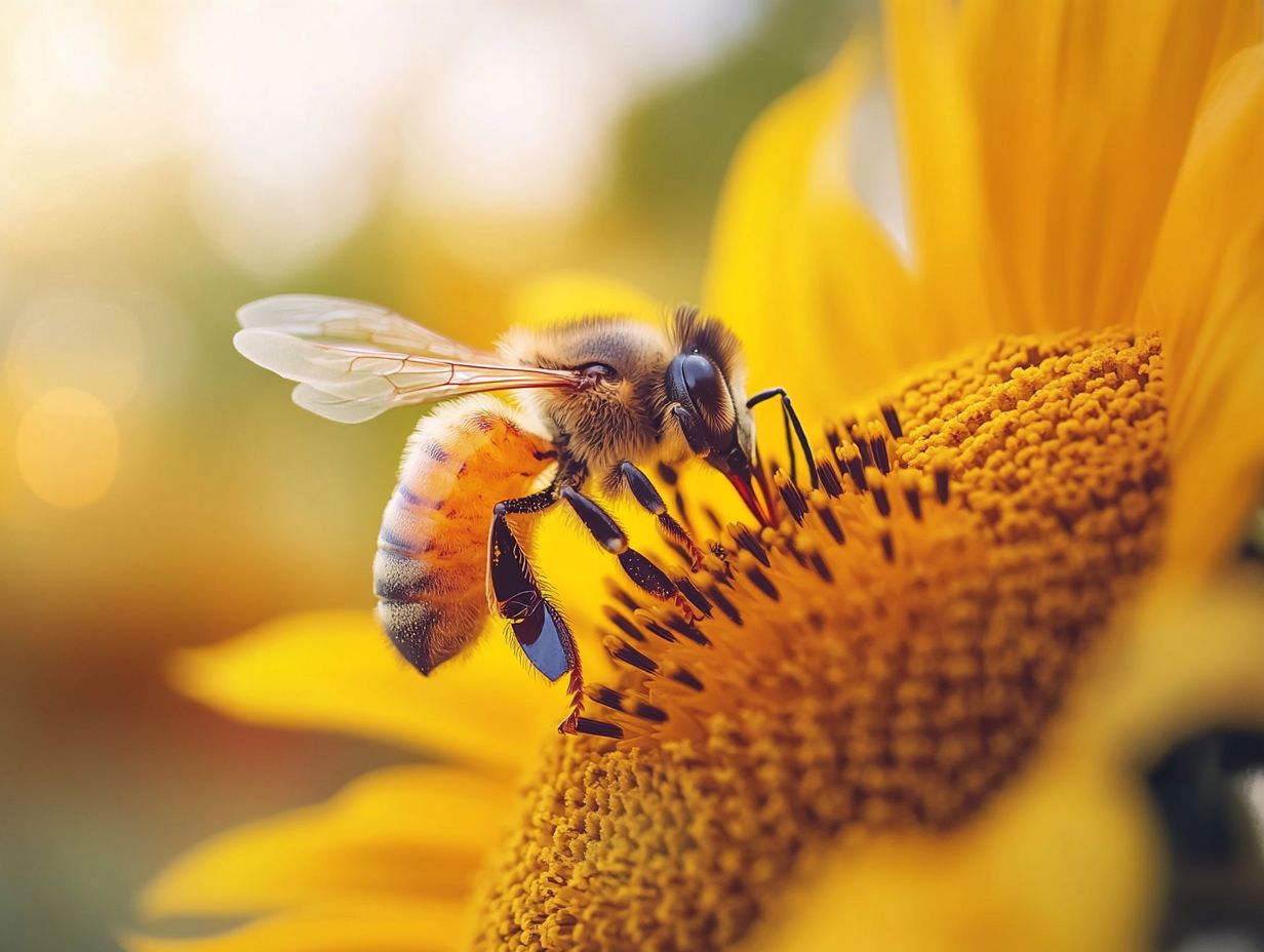 Honey bees pollinating flowers, essential for our food supply.