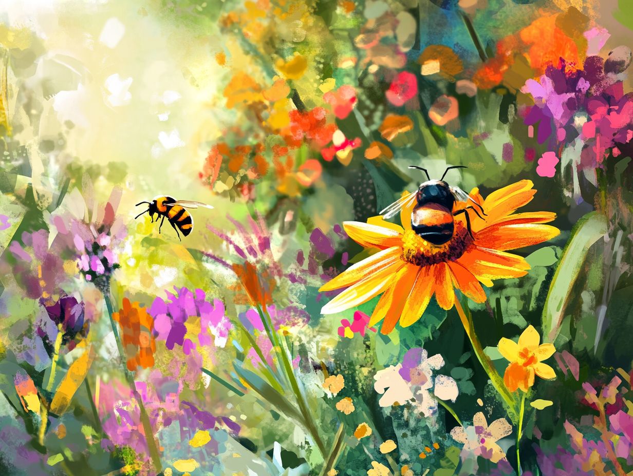 A vibrant garden with flowers that attract bees, showcasing a bee-friendly environment.